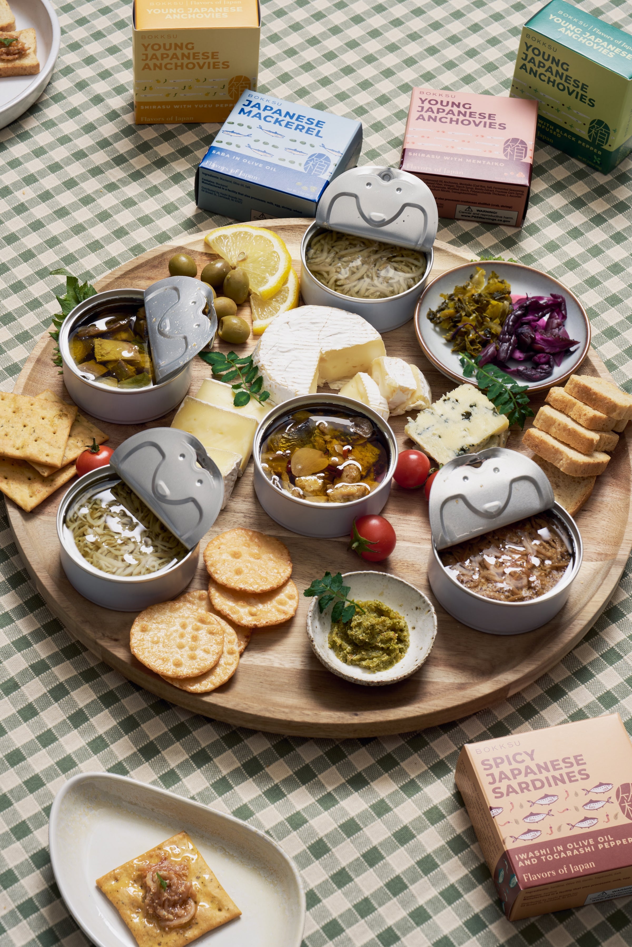 Platter of assorted tinned fish seacuterie or charcuterie board