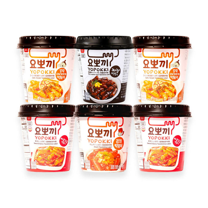 Six containers of Yopokki Instant Tteokbokki Rice Cake Cup: Variety Pack arranged in two rows. thumbnail 1