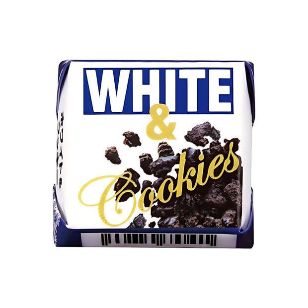 A square chocolate wrapper labeled "WHITE & Cookies" with cookie images on a white background, ideal for including in your Holiday Treat Extravaganza Christmas Crate (15 pcs) this festive season.