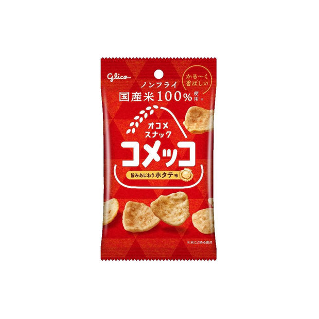 A red packet of Glico Komeko: Scallop features Japanese text and heart-shaped chips, offering a delicious rice-based seafood snack experience.