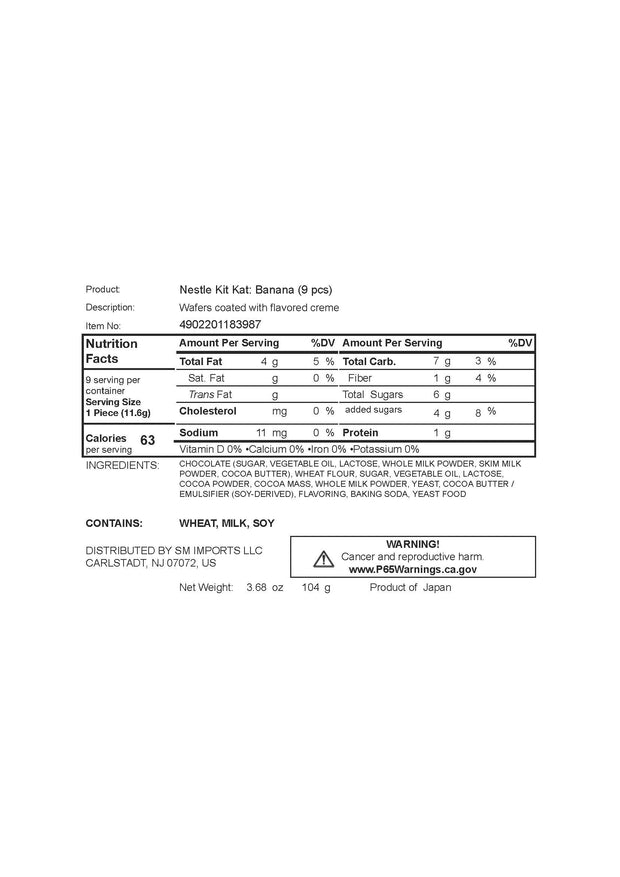 Nutrition label for Japanese Kit Kat: Banana (9 pcs) displays nutritional facts, ingredients, allergen info, and distributor details in black text on a white background.