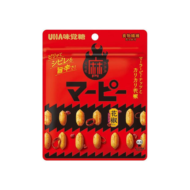 A bag of UHA Mikakuto Ma-Pi 40g spicy mala peanuts, a flavorful Japanese seasoned peanut snack.
