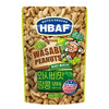 A 120g package of HBAF Korean Style Peanuts: Wasabi, featuring a cartoon peanut character, nutritional information, and a label stating 