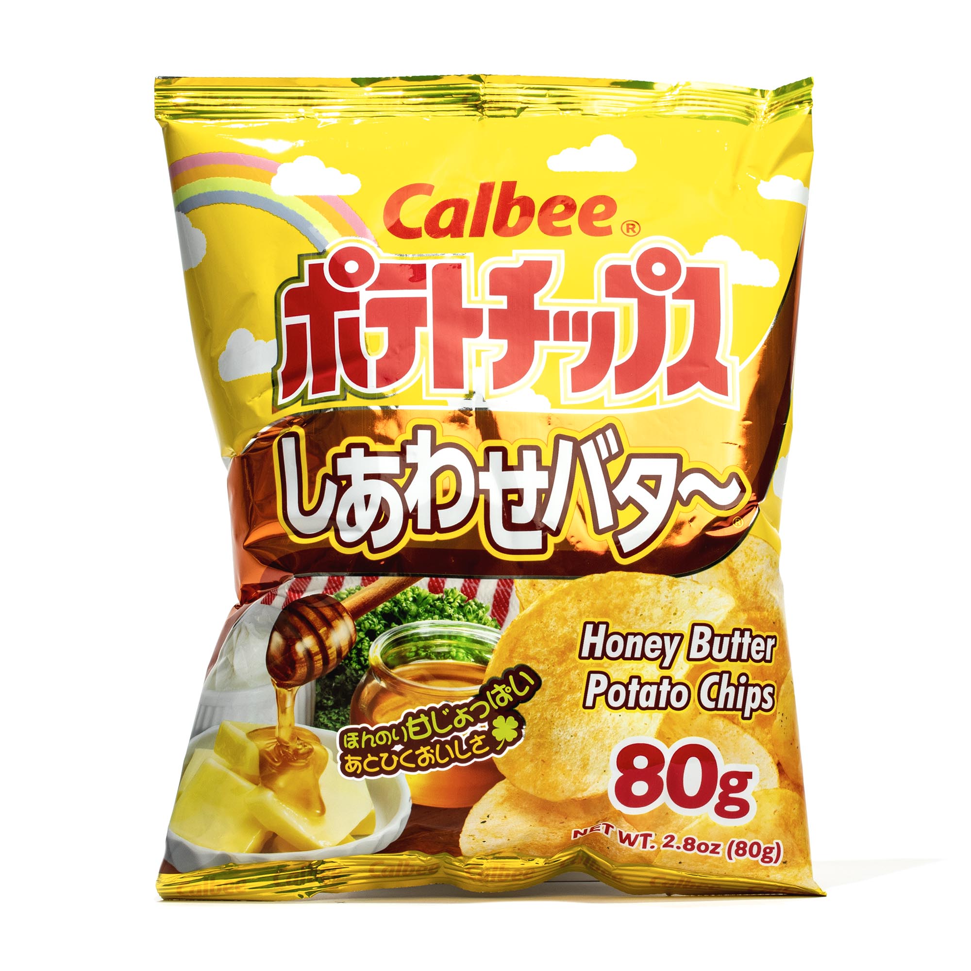 A bag of Calbee Honey Butter Potato Chips on a white background, a Korean autumn snack favorite