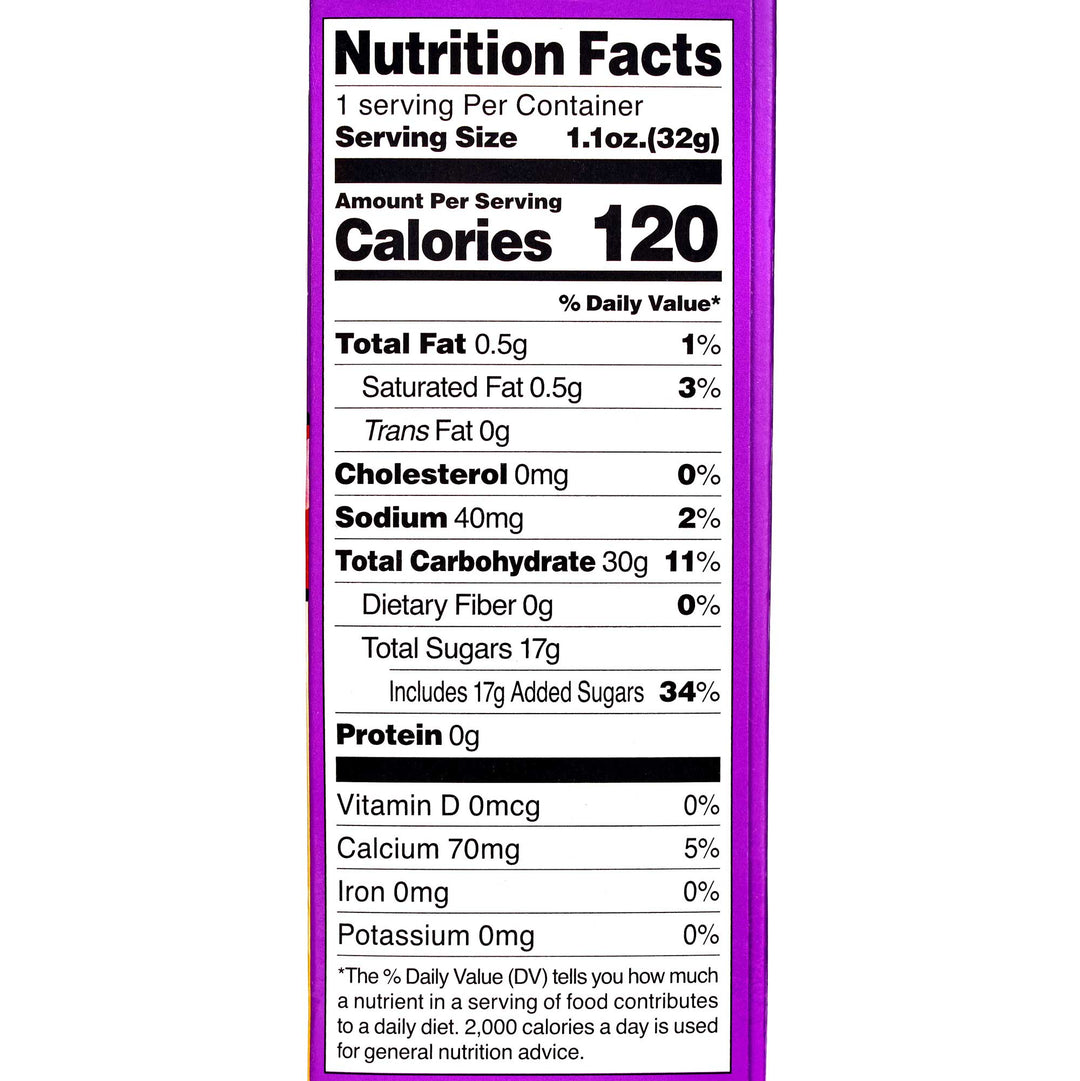 The nutrition facts label for this DIY Candy Kit Pack (6-Pack) from Bokksu Market indicates 120 calories per 32g serving. It contains 0.5g of total fat, 40mg of sodium, and 9g of total sugars, with 17g coming from added sugars. While it doesn't provide any protein or iron, it does offer 70mg of calcium. It's an ideal choice for homemade candy enthusiasts!