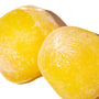 Two yellow Kubota Daifuku Mochi: Yuzu pieces with a powdery coating are displayed on a white background, showcasing this classic Japanese dessert from the 4 Pack. thumbnail 2