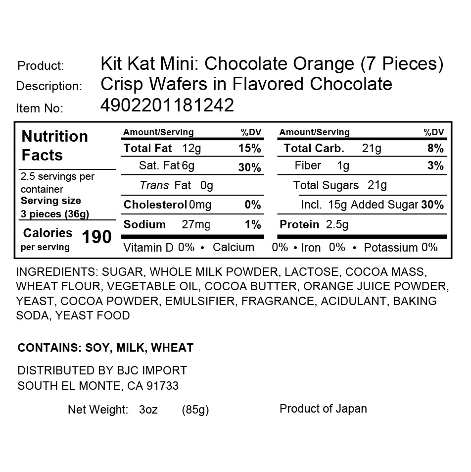 Kit Kat Sampler (50 pcs.) by Bokksu Market: Features Japanese Kit Kat Mini in Chocolate Orange packaging, complete with nutritional facts, ingredients list, and distribution information. Each serving has 190 calories and contains soy, milk, and wheat. This is part of a unique flavors variety pack from Japan.