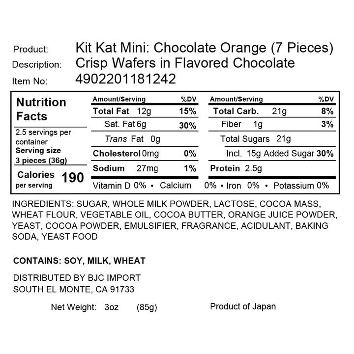 Kit Kat Sampler (50 pcs.) by Bokksu Market: Features Japanese Kit Kat Mini in Chocolate Orange packaging, complete with nutritional facts, ingredients list, and distribution information. Each serving has 190 calories and contains soy, milk, and wheat. This is part of a unique flavors variety pack from Japan. thumbnail 7