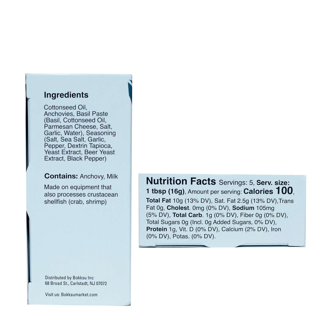 Box showing a list of ingredients and nutrition facts for Bokksu Tinned Shirasu Anchovies with Black Pepper and Basil-Infused Oil (2-Pack). Ingredients include black pepper, cottonseed oil, Shirasu anchovies, basil paste, and more. Nutrition facts indicate 100 calories per serving.