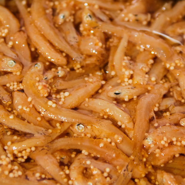 Close-up of Bokksu Tinned Shirasu Anchovies with Cod Roe, marinated in a spicy reddish sauce, showcasing the bold flavors of Miyazaki seafood.