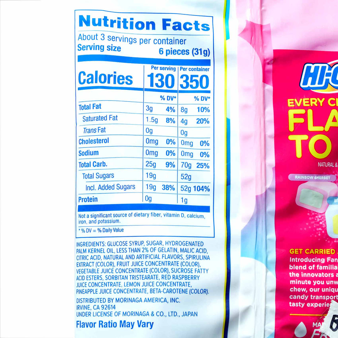 Close-up of nutrition facts on a Bokksu Market Sweet & Savory Snack Mix package, highlighting calories, total fat, sodium, and sugars. The ingredients list features glucose syrup, gelatin, and juice concentrate. Ideal for savoring a balanced treat from an Asian snacks variety pack.