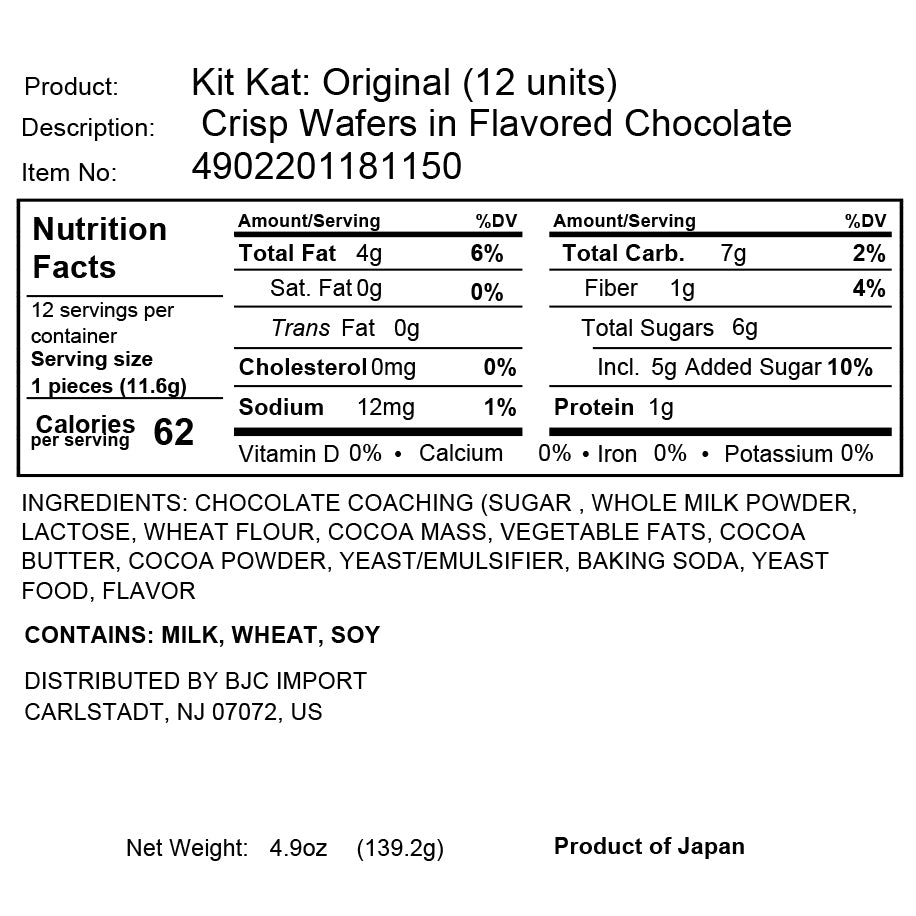 Nutrition facts and ingredient list for Bokksu Market's Kit Kat Sampler (50 pcs.), showcasing calories, fat content, and other nutritional details, alongside the product description and manufacturing information. Discover unique flavors in our Japanese Kit Kat variety pack for an exciting twist!