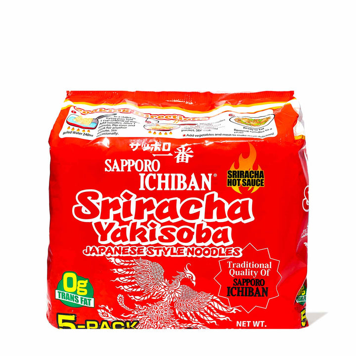 A package of Sapporo Ichiban Sriracha Yakisoba (5-pack) by Sapporo Ichiban on a white background. thumbnail 1