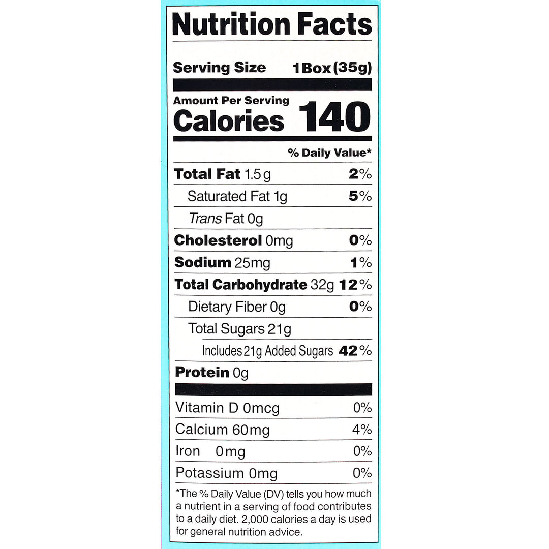 A nutrition facts label displaying 140 calories per 35g serving with 1.5g fat, 21g total sugars, 31g total carbohydrates, and 1g protein. This Kracie Popin Cookin DIY Candy: Fun Waffle also provides various vitamins and minerals, covering 42% of the daily value for added sugars among its edible ingredients.