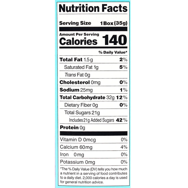 A nutrition facts label displaying 140 calories per 35g serving with 1.5g fat, 21g total sugars, 31g total carbohydrates, and 1g protein. This Kracie Popin Cookin DIY Candy: Fun Waffle also provides various vitamins and minerals, covering 42% of the daily value for added sugars among its edible ingredients.