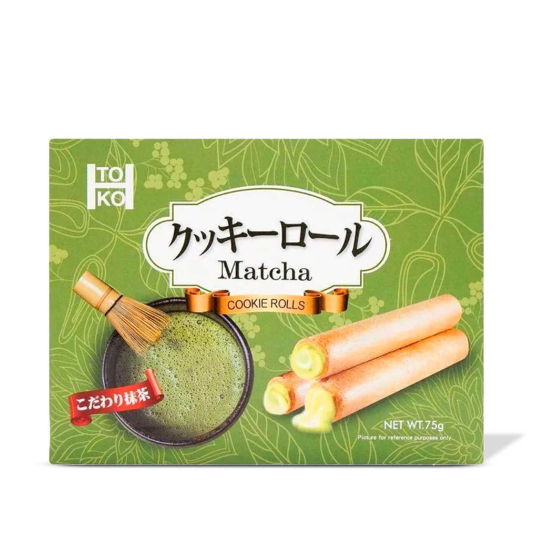 A box of Toko Cookie Rolls: Matcha Green Tea with a matcha green tea filling.