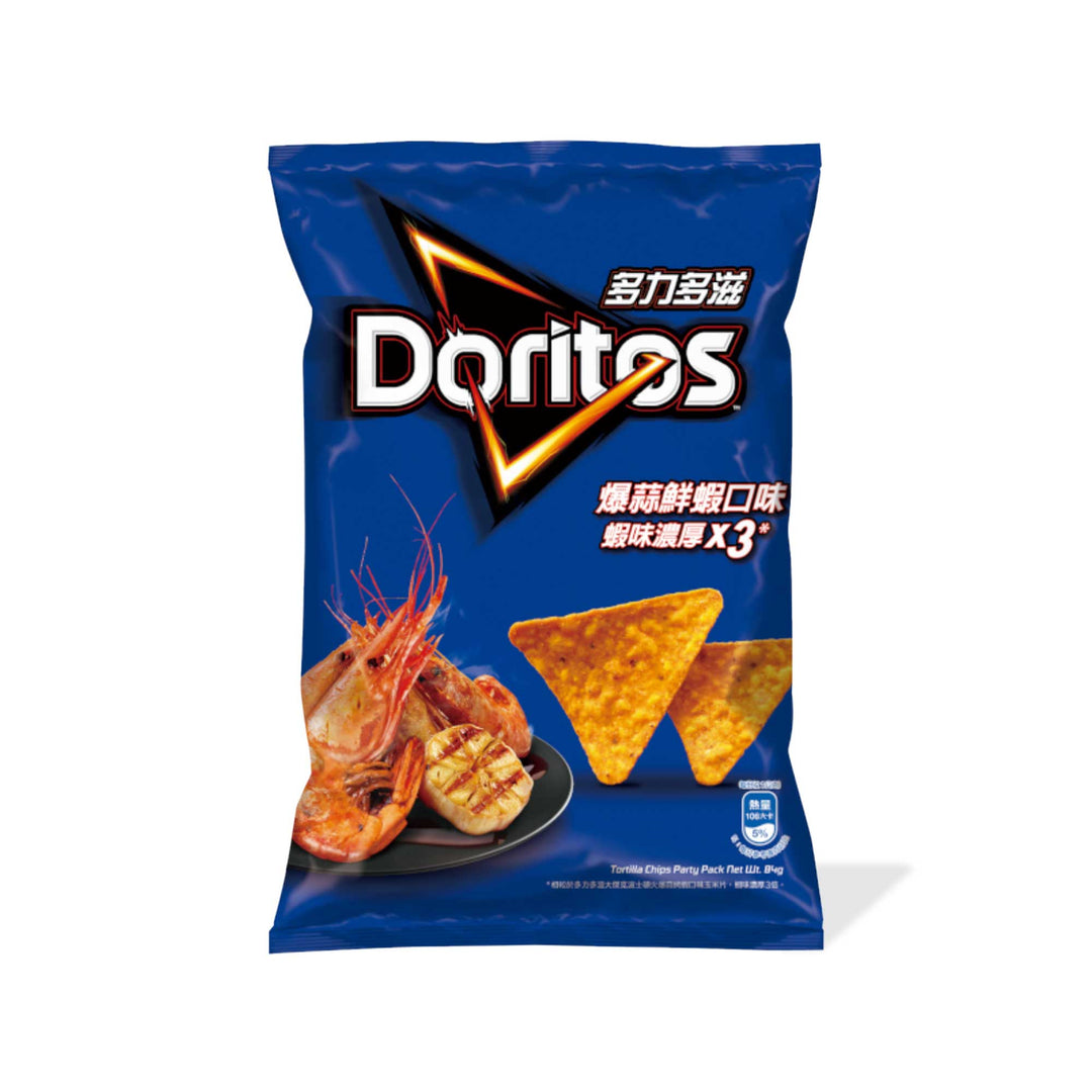 A bag of Doritos chips with garlic shrimp flavor.