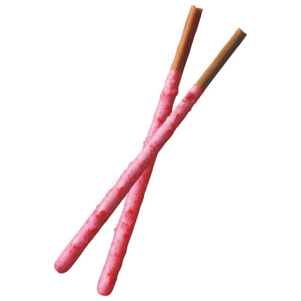 Glico Pocky: Strawberry sticks, featuring slender biscuit rods generously coated in a speckled strawberry cream, capturing the essence of fresh strawberries in a crunchy, delightful snack.