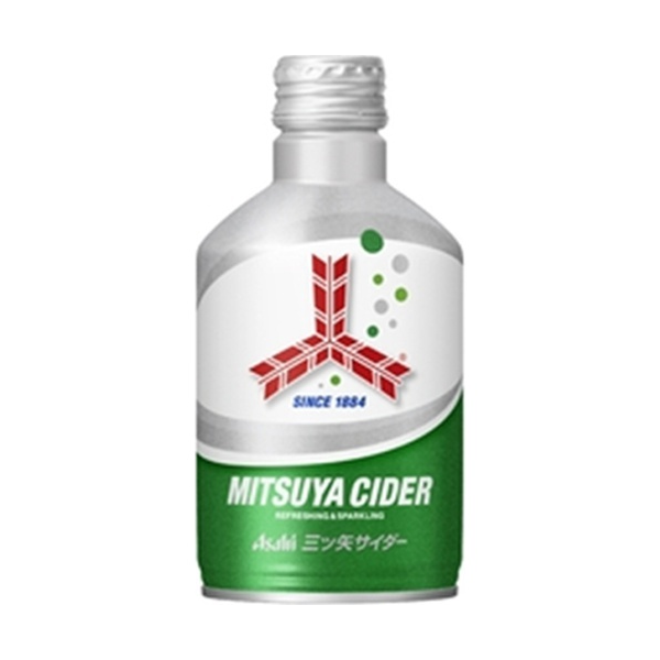 Mitsuya Cider (300ml), presented in a sleek aluminum bottle with a silver cap. The green and white packaging highlights its crisp, refreshing taste with a signature sparkling fizz. Brand: Bokksu Market; Product: Asahi Mitsuya Soda: Cider (300 ml).