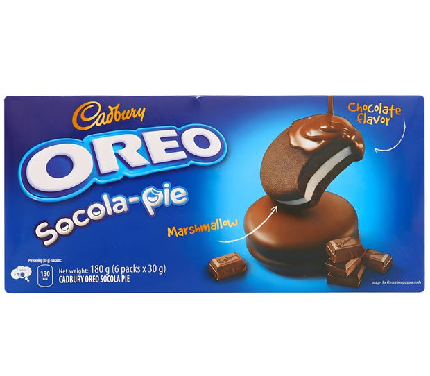 A box of Mondelez Oreo: Chocolate Pie features chocolate-coated pies with marshmallow filling, shown with chocolate pieces on a blue background—a delightful snack for any occasion.