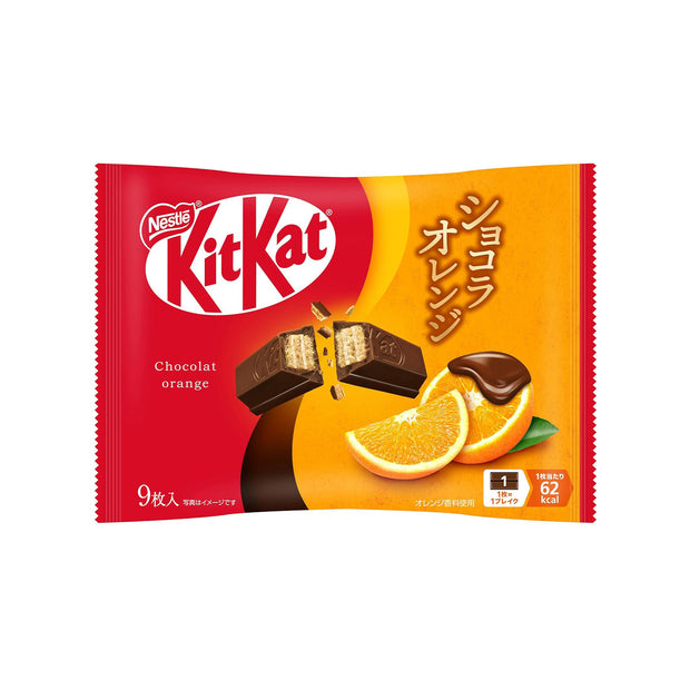 A box of Japanese Kit Kat: Orange Chocolate (9pcs) features crispy wafers coated in orange chocolate, with orange slices on an orange and red background, displayed with both Japanese and English text.