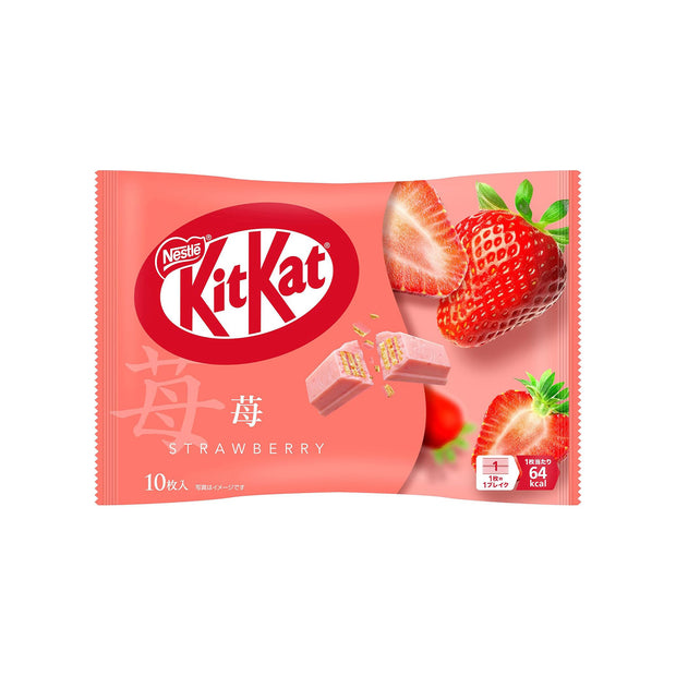A pink package of Japanese Kit Kat: Strawberry (10 pcs) displays strawberries and wafer bars, with English and Japanese text, highlighting this popular strawberry-flavored Kit Kat’s unique Japanese chocolate appeal.