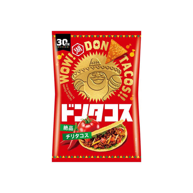 A red bag of Don Tacos chips with bold Japanese and English text, a cartoon sombrero character, and a taco image—ideal for the Fiery Flavor Crate (Medium) and fans seeking spicy snacks.