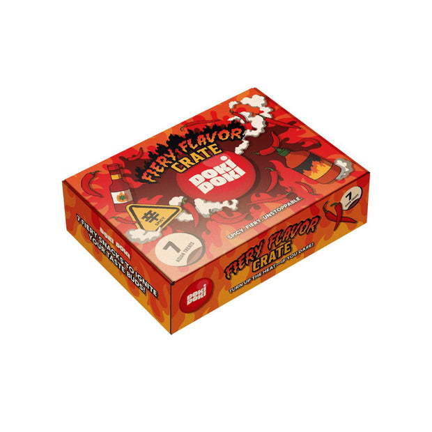The Fiery Flavor Crate (Medium) is a rectangular box with red chili pepper graphics, fiery designs, and a bold “may contain soybeans or wheat” warning—perfect for spicy food challenges.