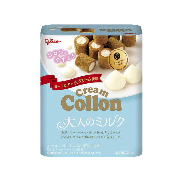 The Doki Doki Snack Adventure Crate (10 pcs) offers classic Japanese treats like Glico Cream Collon biscuits, featuring cream-filled delights on a blue and white package—perfect for your next snack adventure!.
