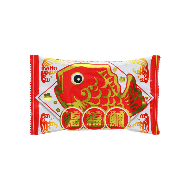 A packaged snack with a red and gold fish design and Japanese text, perfect for fans of Japanese treats or as a unique item in the Doki Doki Snack Adventure Crate (10 pcs).