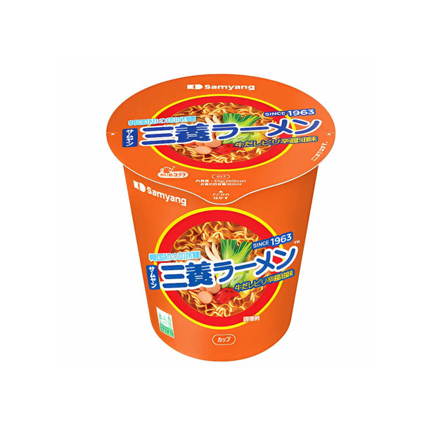 An orange Samyang instant ramen cup with blue and white Japanese text and noodle images—an ideal Japanese snack to enjoy or add to your Conbini Treats Box.