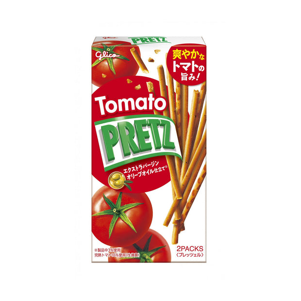 A Conbini Treats Box featuring Glico Tomato Pretz snack sticks, with tomato and pretzel images and bilingual English-Japanese text—just like you’d find in a Japanese convenience store.