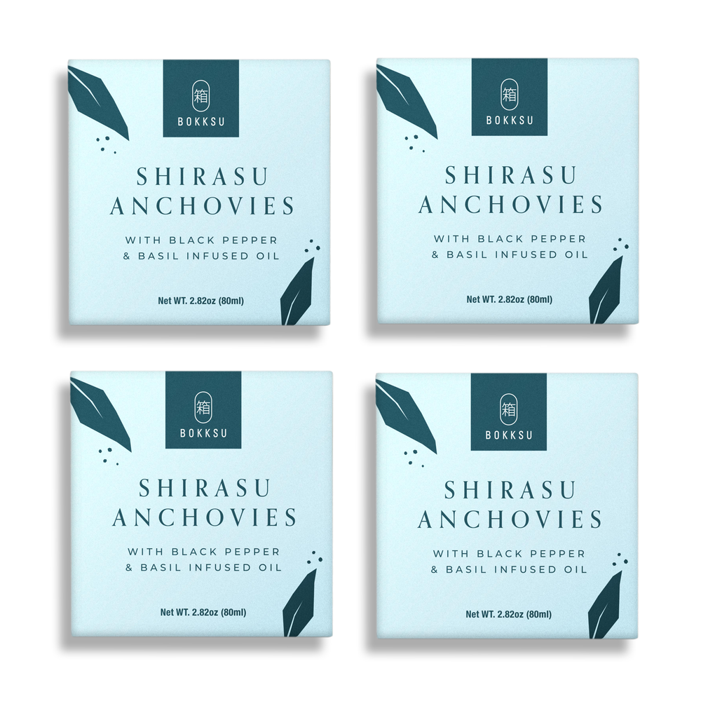 Bokksu Tinned Shirasu Anchovies with Black Pepper and Basil-Infused Oi