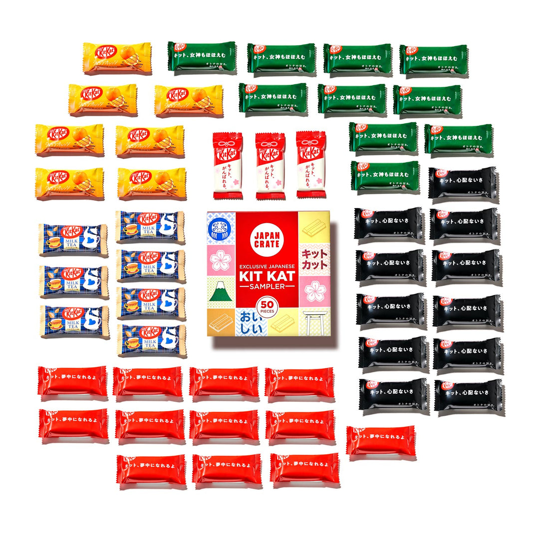 An array of assorted Japanese Kit Kat bars in various unique flavors are organized around a central box labeled "Kit Kat Sampler (50 pcs.)" from Bokksu Market. This exciting variety pack features wrappers in yellow, green, red, blue, and black.