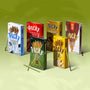 Six boxes of Glico Pocky: Variety Pack snacks in assorted flavors sit on a blue surface, with several chocolate biscuit sticks resting against the boxes. thumbnail 1