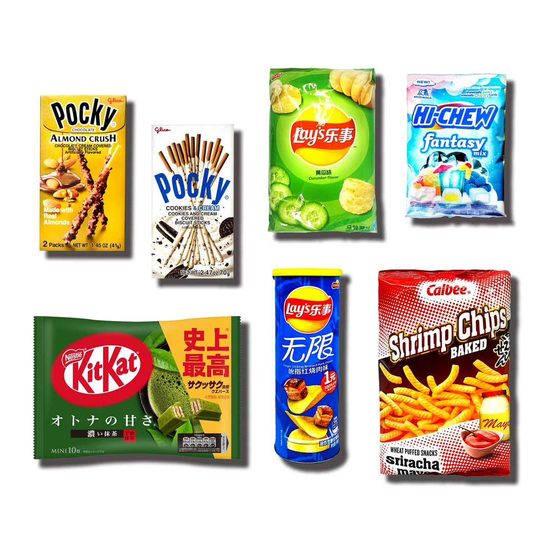 Indulge in the Bokksu Market Sweet & Savory Snack Mix, a delightful assortment that includes Asian treats such as Pocky Almond Crush, Cookies & Cream Pocky, green candy, Hi-Chew Fantasy, Matcha KitKat, savory Lay’s chips, and tasty Calbee Sriracha Shrimp Chips.