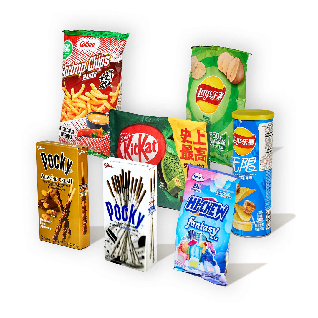 Discover Bokksu Market's Sweet & Savory Snack Mix, a delightful variety pack combining Asian snacks such as shrimp chips with classics like Lay's, Kit Kat, Pocky, and Hi-Chew.