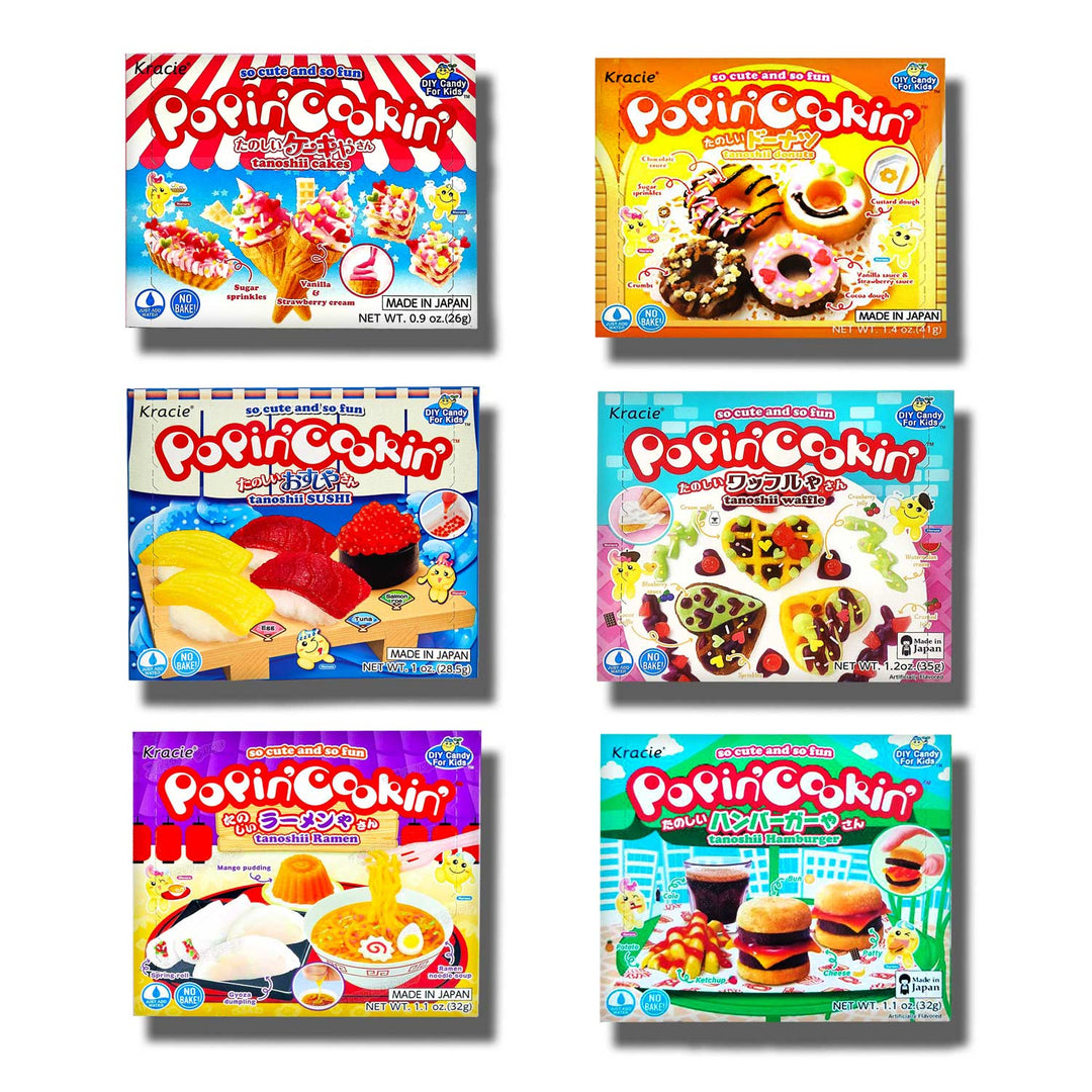 Six vibrant DIY Candy Kit Packs from Bokksu Market, creatively featuring designs such as sushi, burgers, and donuts, are neatly arranged in two columns. These kits provide a fun homemade candy-making experience suitable for all ages.