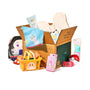 The Kawaii Gift Pack - Stationery Surprises &amp; Japanese Chocolate Treats features adorable items like a plush toy, towel, hand cream, sanitary pads, small basket, Japanese snacks, kawaii stationery, and a Poké Ball toy—beautifully displayed on a white background. thumbnail 1