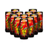 Nine cans of S&B Moekara Extra Hot Red Pepper, featuring vibrant graphics with extra hot red peppers on black backgrounds, are neatly arranged in a group.