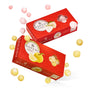 Two vibrant red Bokksu Market boxes of Freeze-Dried Candy Duo: White Strawberry &amp; Sour Yuzu sit on a crisp white background, surrounded by floating round candies and fruit images, with QR codes displayed on the boxes. thumbnail 1