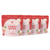 Four pouches of White Strawberry Japanese Candy Bites 0.75oz (4-Pack), a popular Japanese snack, are lined up in a row with strawberry graphics and labeled 
