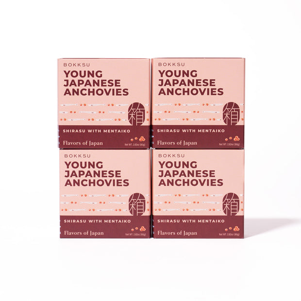 Four boxes of Bokksu Tinned Shirasu Anchovies with Cod Roe (4-Pack) are shown in a 2x2 grid on a white background, capturing the flavors of Miyazaki Port.