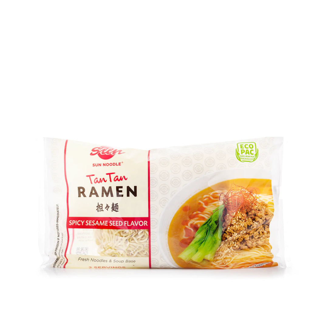 A package of Sun Noodle Tantan Ramen (2 servings) with spicy sesame broth flavor. The white packet shows an image of the prepared ramen in a bowl with garnishes. The text is in English and some in Asian characters, perfect for a quick and easy meal.