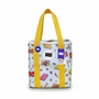 A rectangular tote bag with yellow handles, featuring a colorful snack pattern inspired by the Doki Doki Kit Kat Variety Pack (50 Pcs) and a "Doki Doki" logo tag on the front. thumbnail 2