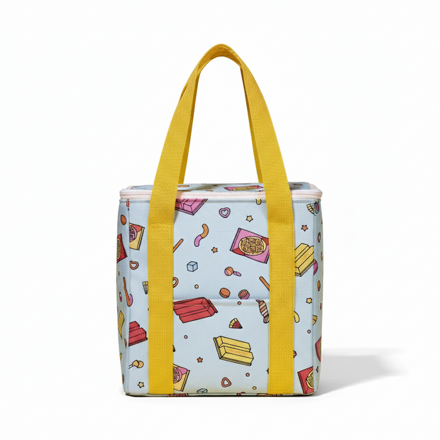 A rectangular, light blue insulated lunch bag with yellow handles, decorated with colorful cartoon snacks inspired by flavors from the Doki Doki Kit Kat Variety Pack (50 Pcs).