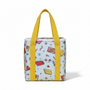 A rectangular, light blue insulated lunch bag with yellow handles, decorated with colorful cartoon snacks inspired by flavors from the Doki Doki Kit Kat Variety Pack (50 Pcs). thumbnail 3