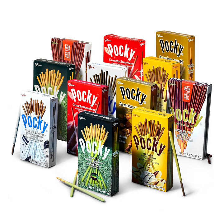 Satisfy your sweet cravings with the Bokksu Market Pocky Variety Pack (12-Pack). Experience a delicious assortment of Japanese treats in flavors such as chocolate, strawberry, almond crush, matcha, and cookies &amp; cream—all thoughtfully packaged to delight any snack enthusiast. thumbnail 1