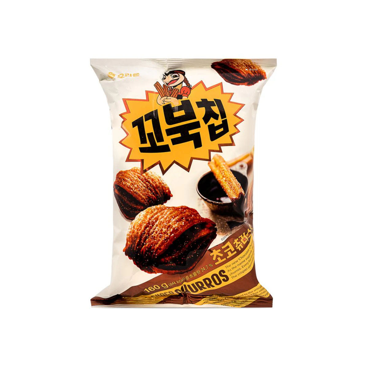Orion Kobuku Chip Chocolate Churro Korean snack package with churro and dipping sauce illustration on vibrant packaging