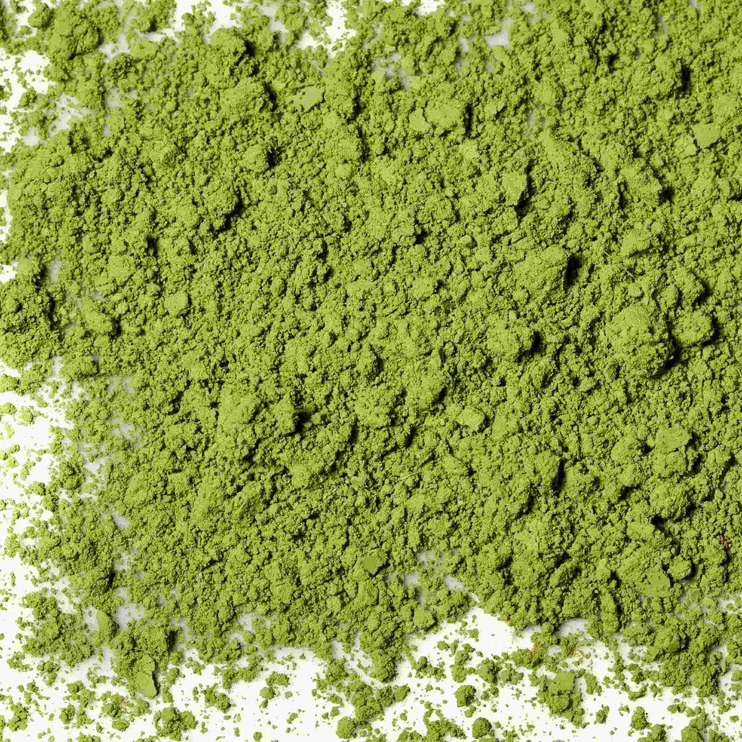 A pile of Maeda-en Matcha Green Tea Powder, known for its culinary quality, spreads out on a pristine white surface.